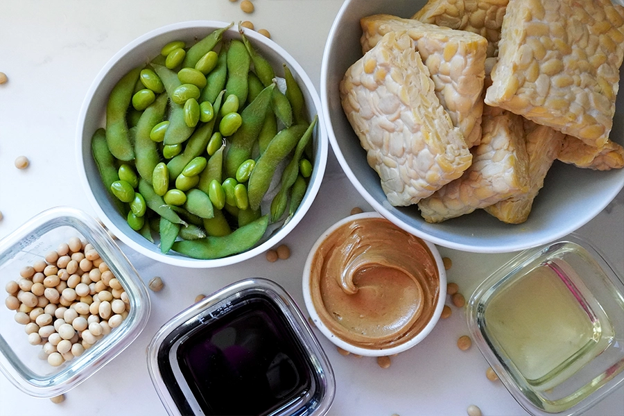 soy beans and its products like soy sauce, tofu, tempeh, edamame 